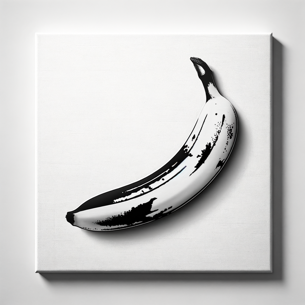 Un banane monochrome, vedette d’une galerie, se pavane, défiant les conventions, prête à glisser le rire sur la toile du quotidien.