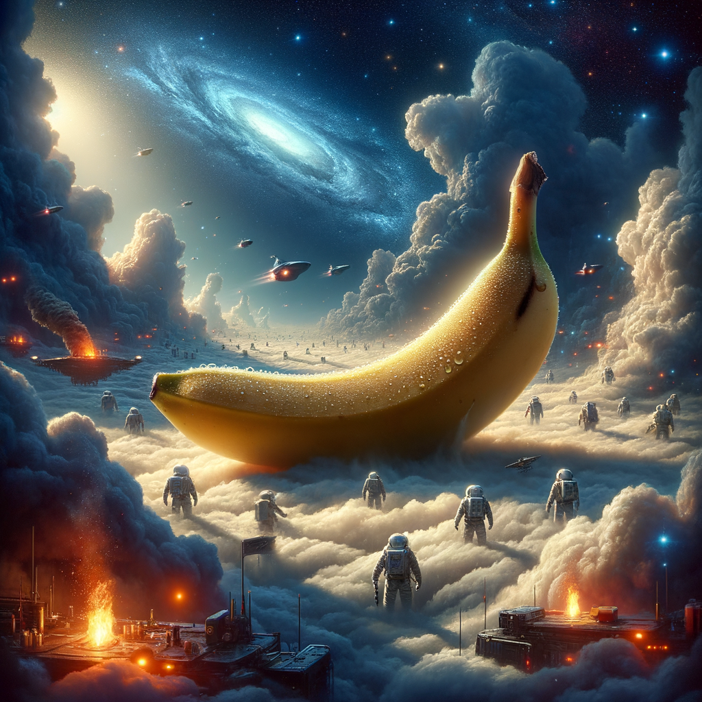 Dans un cosmos élégant, une banane astronaute trône, éclaboussée d’étoiles, tandis que des vétérans spatiaux se demandent où se cache le smoothie.