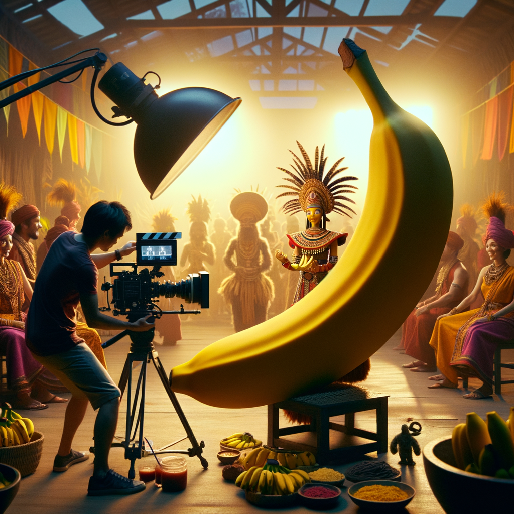 Sous les projecteurs, un banane superstar préside un bal. Les statues de fruits explosent de joie, le cinéma devient un délice flamboyant !