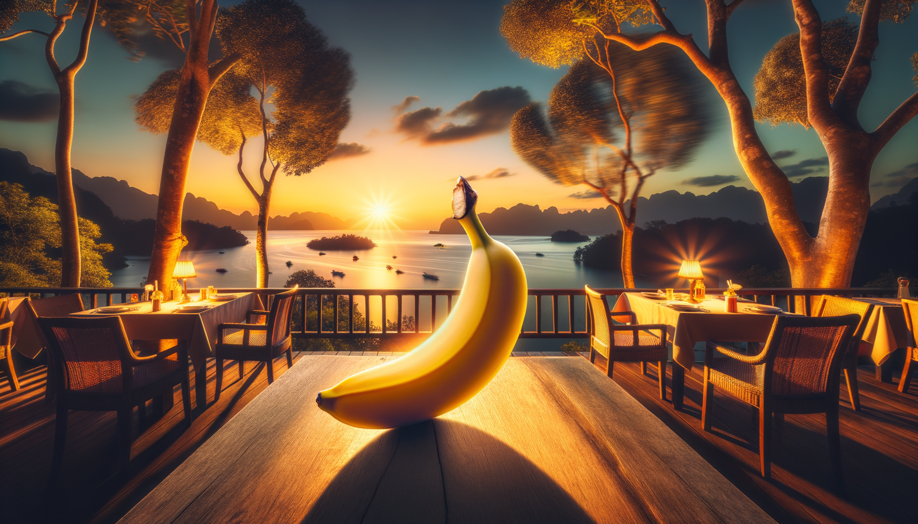 Sous le soleil couchant, une banane solitaire rêve d’un dîner étoilé, persuadée d’être la vedette d’une comédie fruitée.