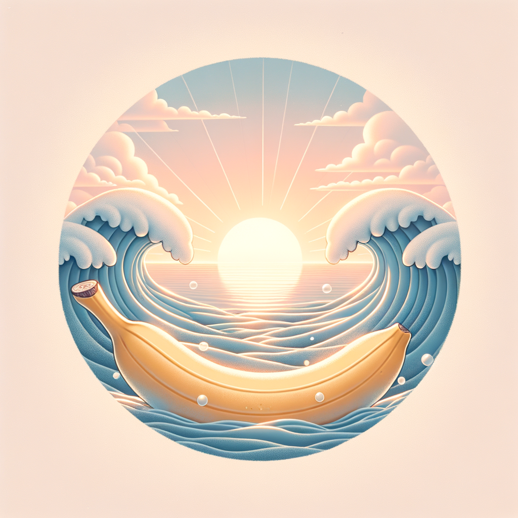 Une banane voguant sur des vagues dorées, bercée par le souffle d’un soleil rêveur, danse avec les nuages en quête de l’azur.