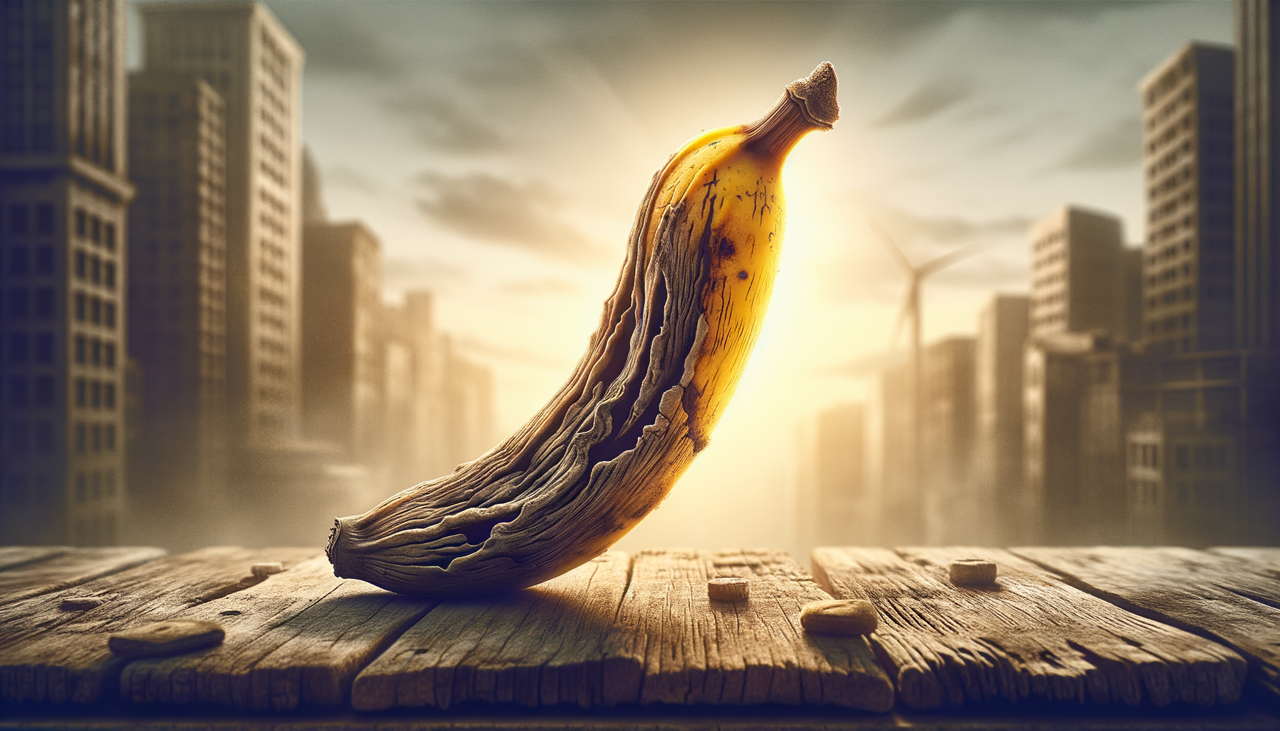 Un bananier en déroute, auréole d’or, déambule parmi des gratte-ciel fatigués, prônant la beauté du temps qui passe. Un fruit en quête d’applaudissements !