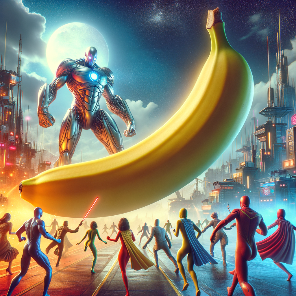 Dans l'éclat d'une lune spectrale, une banane titanesque danse, défiant des héros en armures, fusion de folie et de science, rire cosmique.