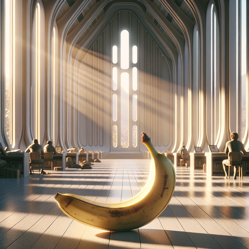 Dans une cathédrale de lumière, un bananier rêve d'être le cœur d'une symphonie studieuse, fruit d'un savoir flamboyant.