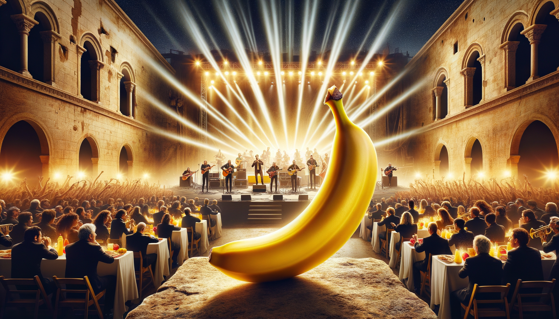 Sous les projecteurs, une banane flamboyante, star inattendue, orchestre un festin de rires et de mélodies. Fruité, enchanté, le public se régale de folie! 🍌✨