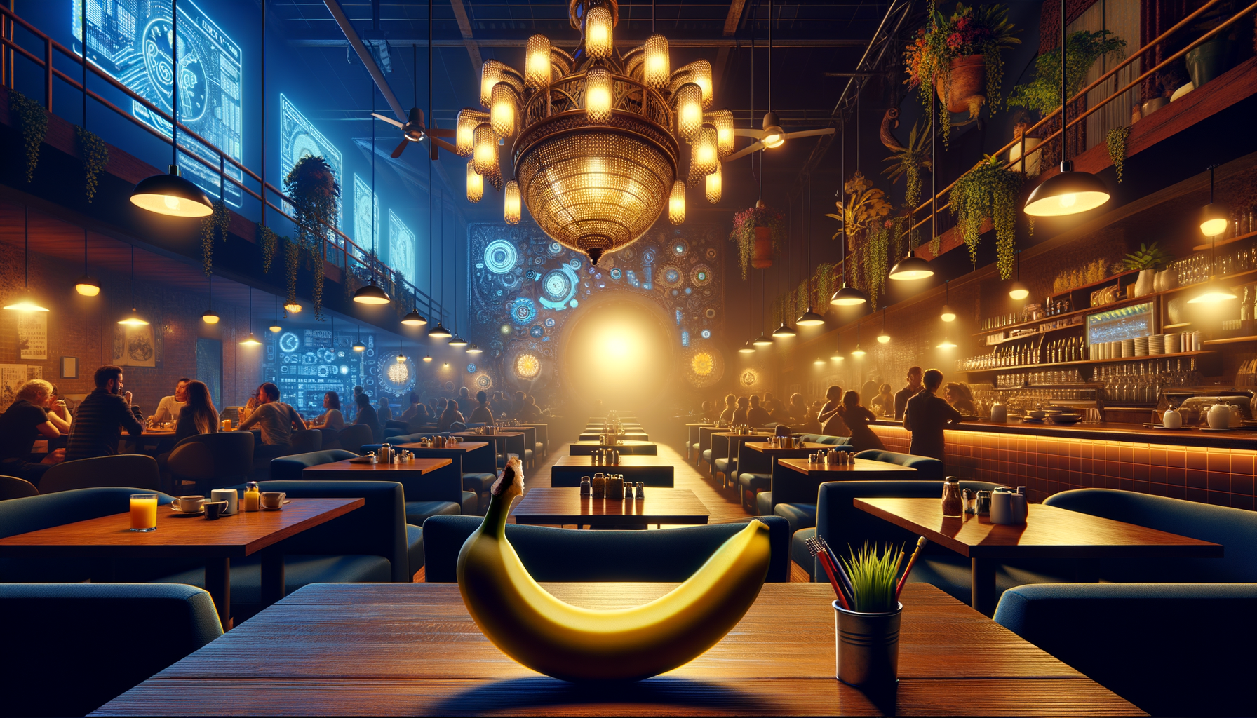 Dans un café où les bananes rêvent de disco, des tablettes digitales dansent sous la lueur des lustres, tandis que les cocktails chapotent les conversations.