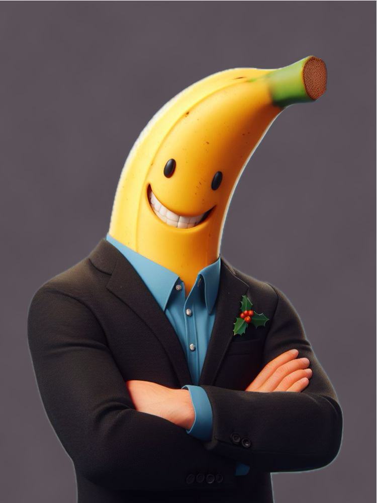Un bananier en costume, sourire éclatant, se dresse comme un roi des fruits, prêt à conquérir le monde avec humour et charme. 🍌✨