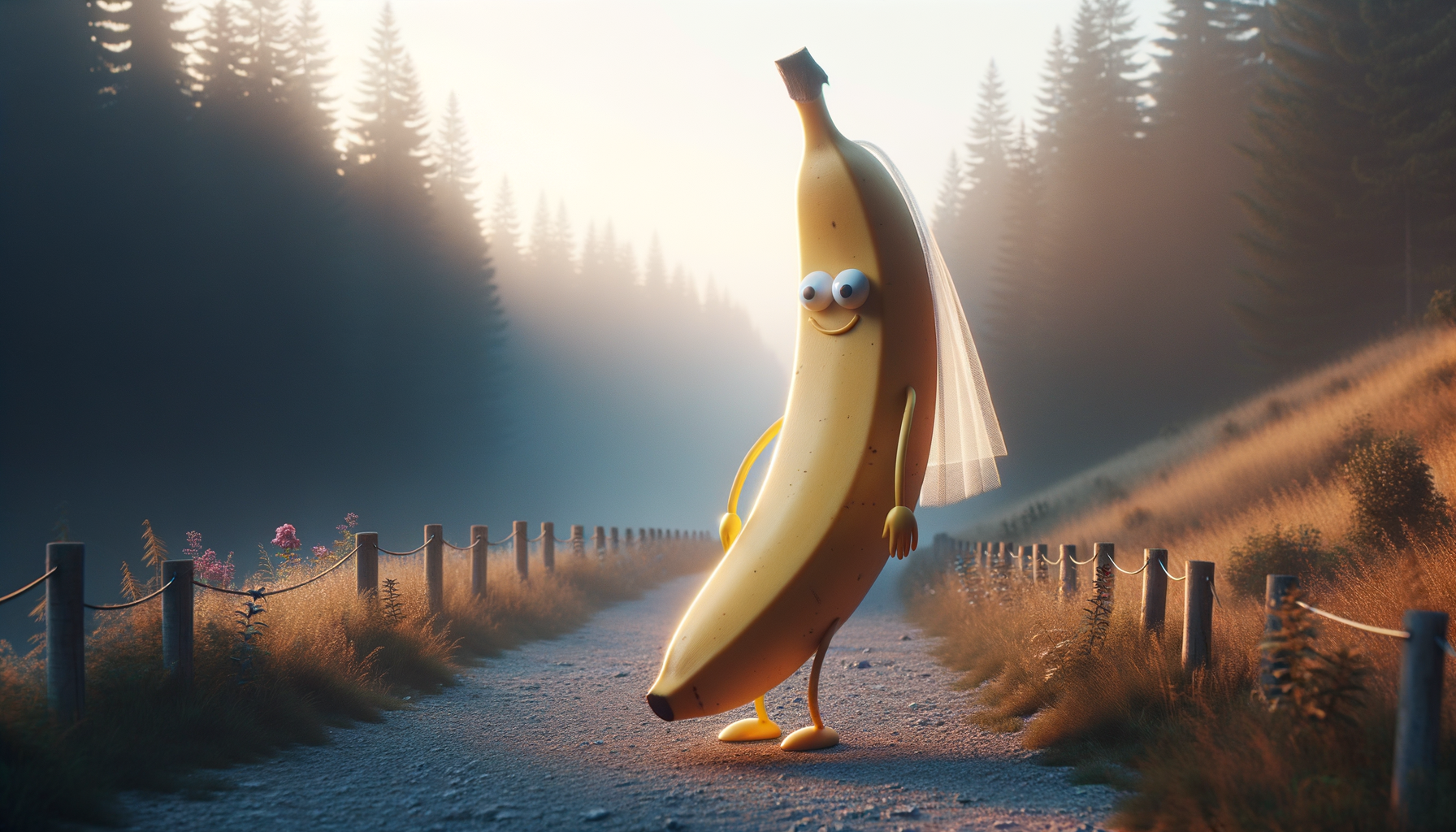 Sous les rayons d'or, une banane épouse les rêves, drapée d'un voile éthéré, dans la forêt enchantée où dansent les ombres.
