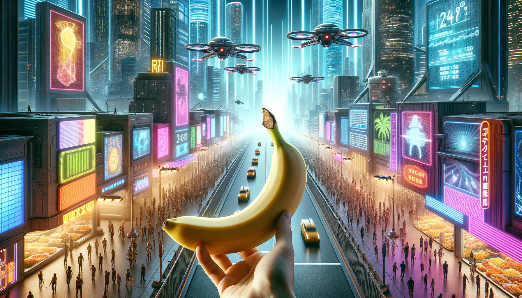 Dans un monde vibrant d'écrans, une banane flotte, témoin d'un futur flamboyant où les rêves se déclinent en couleurs et saveurs.