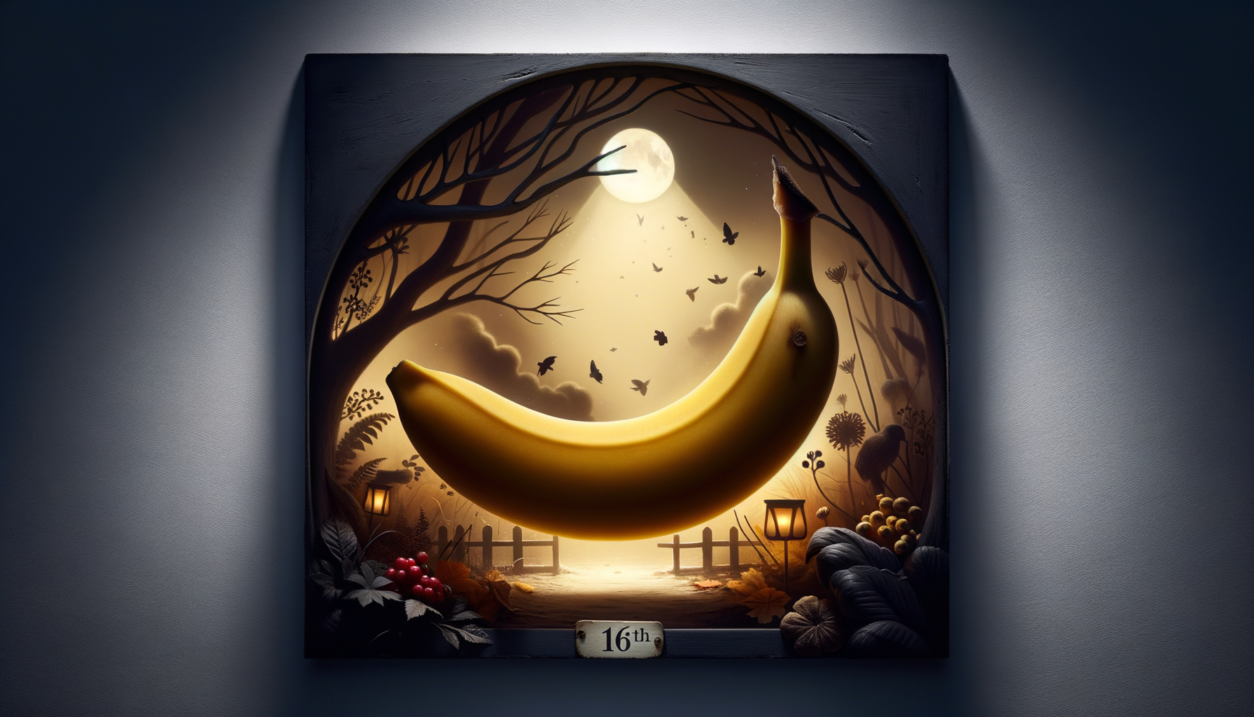 Dans une nuit dorée, un croissant de soleil s'accroche aux étoiles, chuchotant des secrets fruités à la lune complice.