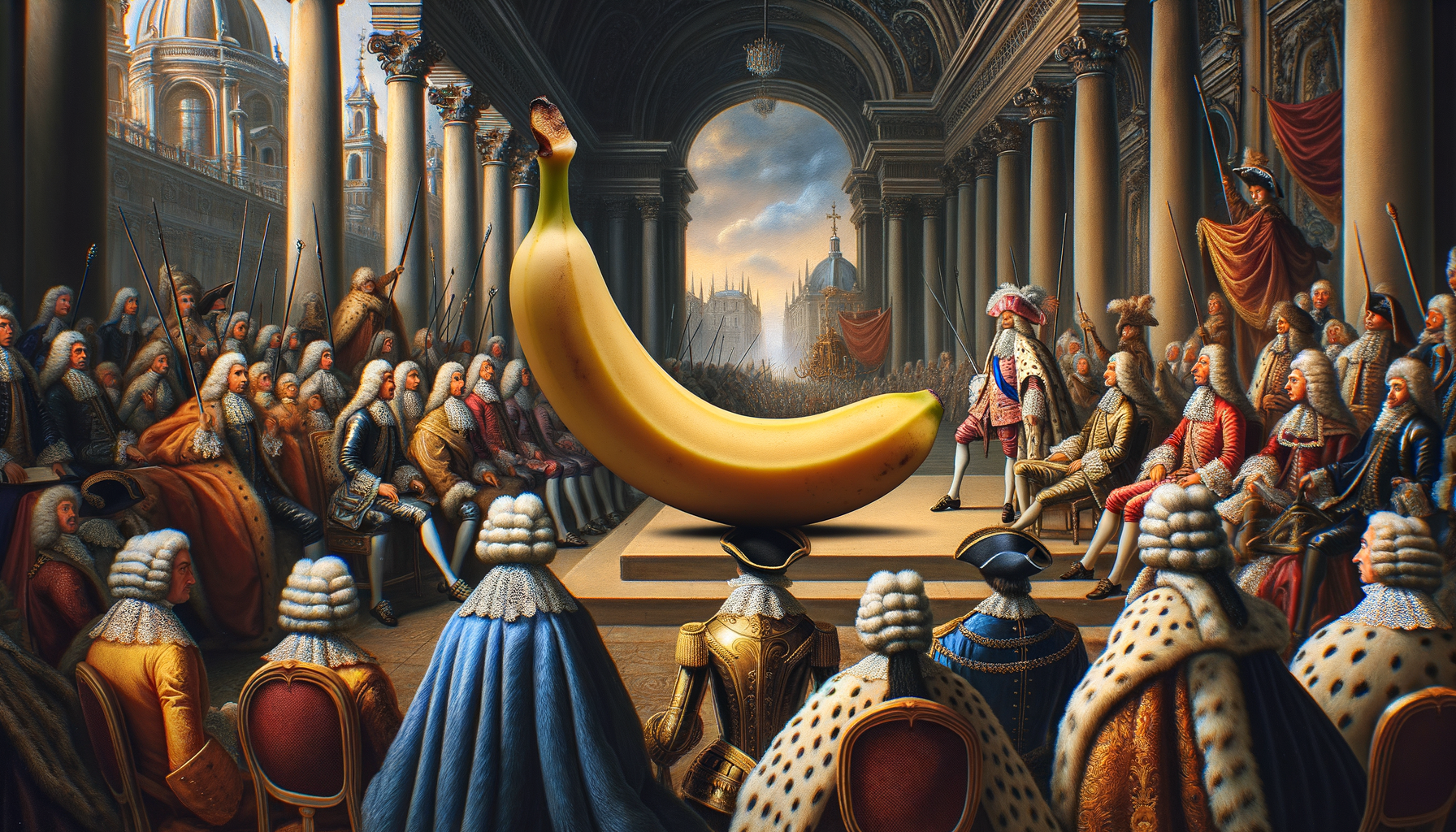 Sous un ciel d'or et de royauté, une banane couronnée s'adresse à l'assemblée des perruques, le rire des fruits résonne en échos majestueux.