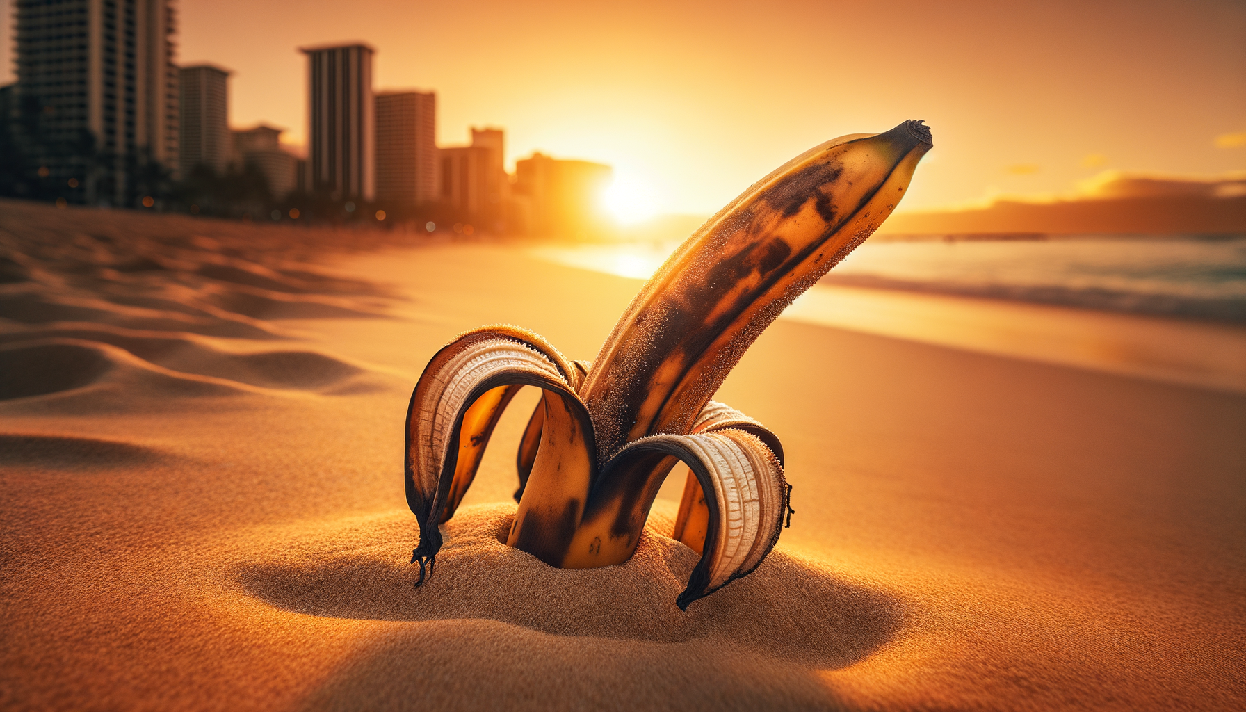 Un bananier prélasse sur une plage dorée, se pavanant au coucher du soleil, confondant les vagues et les rires des vacanciers. Étrange la vie !