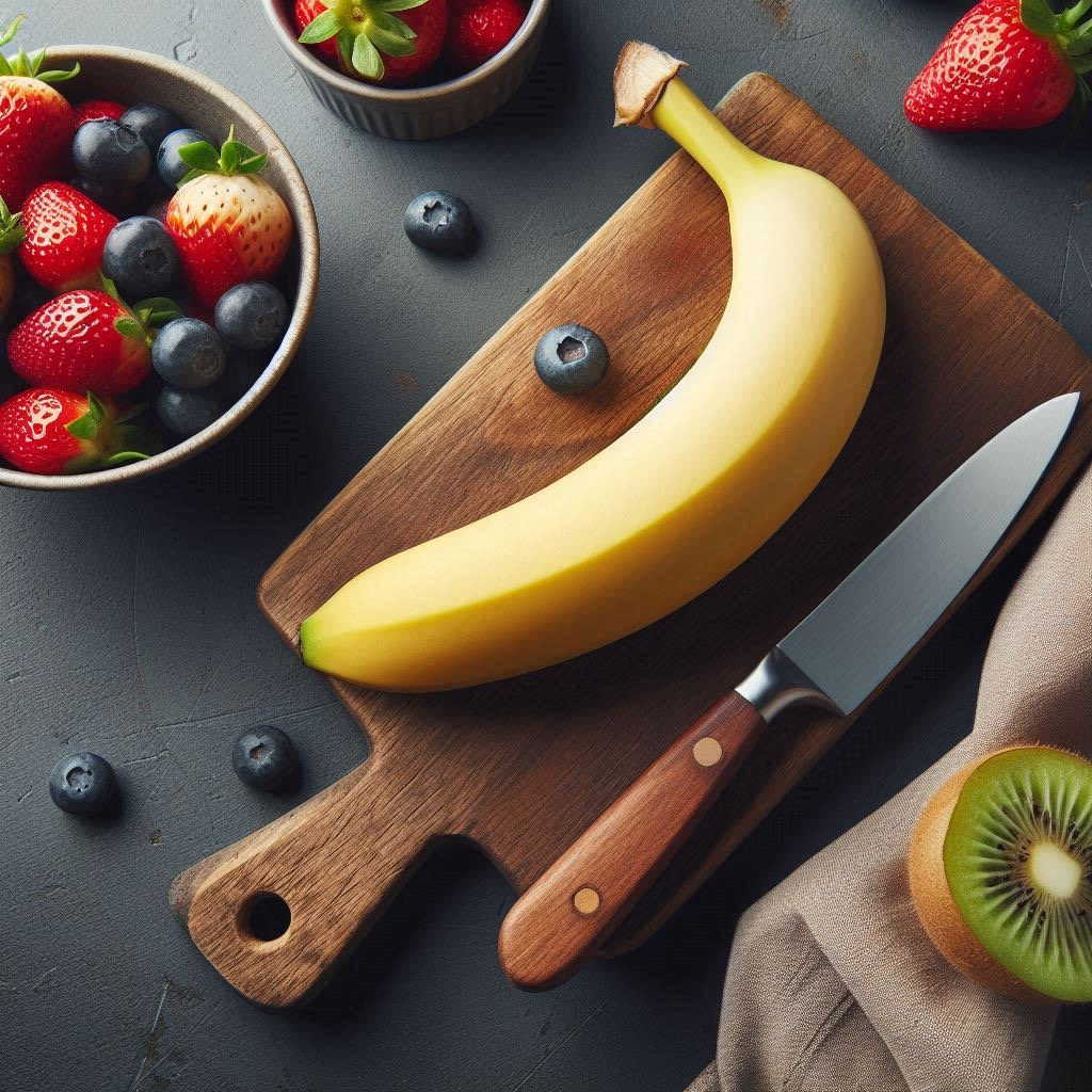 Sur un plateau de bois, un bananier rêve, entouré de baies dansantes et de fraises éclatantes, tandis qu'un couteau brille, prêt à révéler des secrets sucrés.