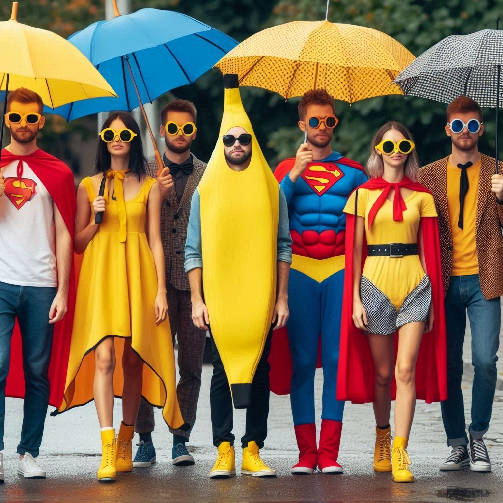 Une pluie de couleurs et de héros défilent, bananes et capes dansent sous les parapluies, éclats de rires révélant des super pouvoirs insoupçonnés.