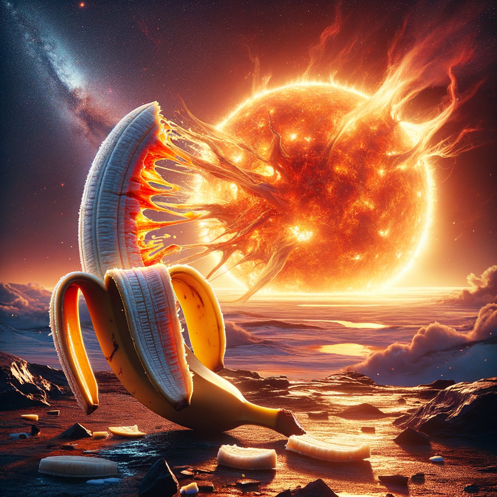 Sous un soleil flamboyant, une banane ouvre ses secrets, révélant des galaxies de crème. Éclats de goût dans un cosmos sucré.