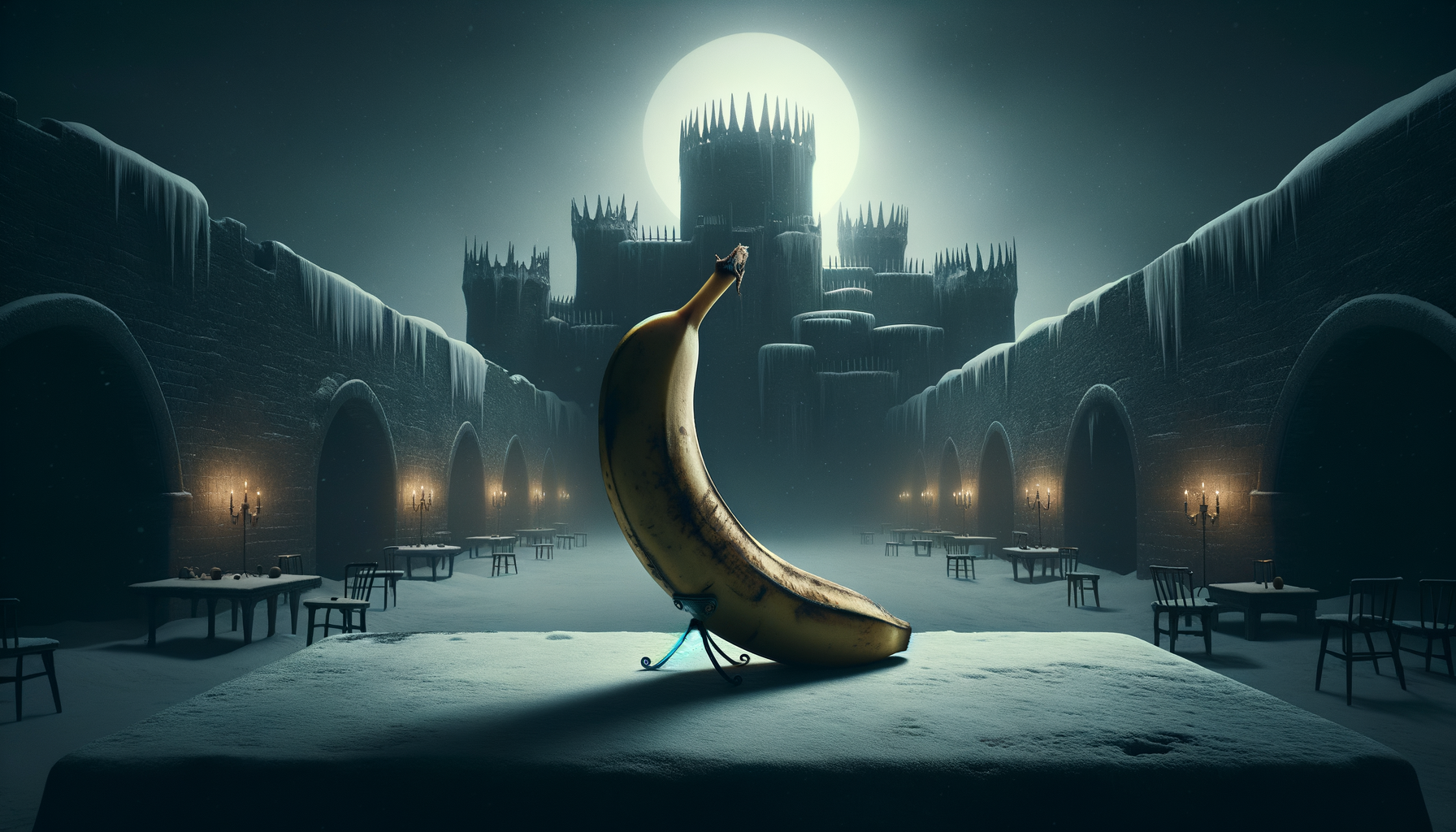 Dans un château de givre, une banane flamboyante défie la nuit, témoin d'un banquet de silence où les ombres prennent vie.