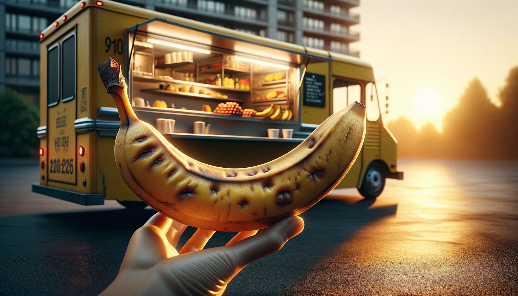 Sous un ciel doré, une banane se dresse, étoile des comptoirs, prête à glisser vers des rires sucrés et des rêves de fruités.