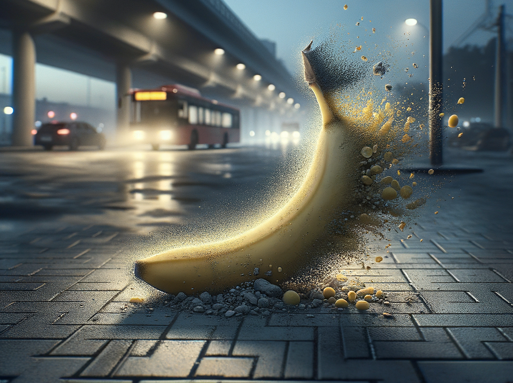 Sous le pont, une banane éclatée murmure des secrets de fruit, tandis que la ville rêve dans la brume, égarée dans un janvier illogique.