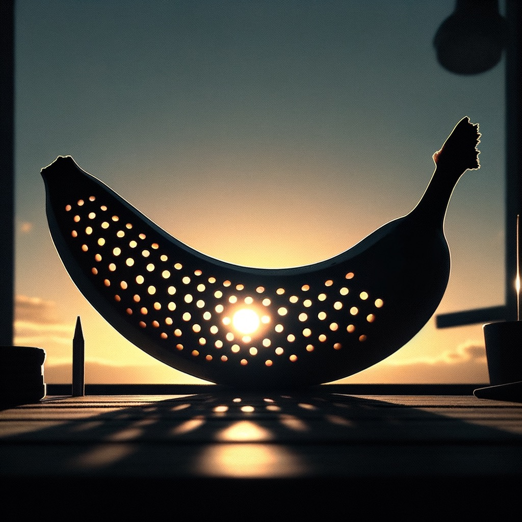 Sous un ciel embrasé, une banane-translucide creuse l'horizon, laissant échapper des rayons de lumière et des éclats de rire, comme un éclat de lune en plein jour.