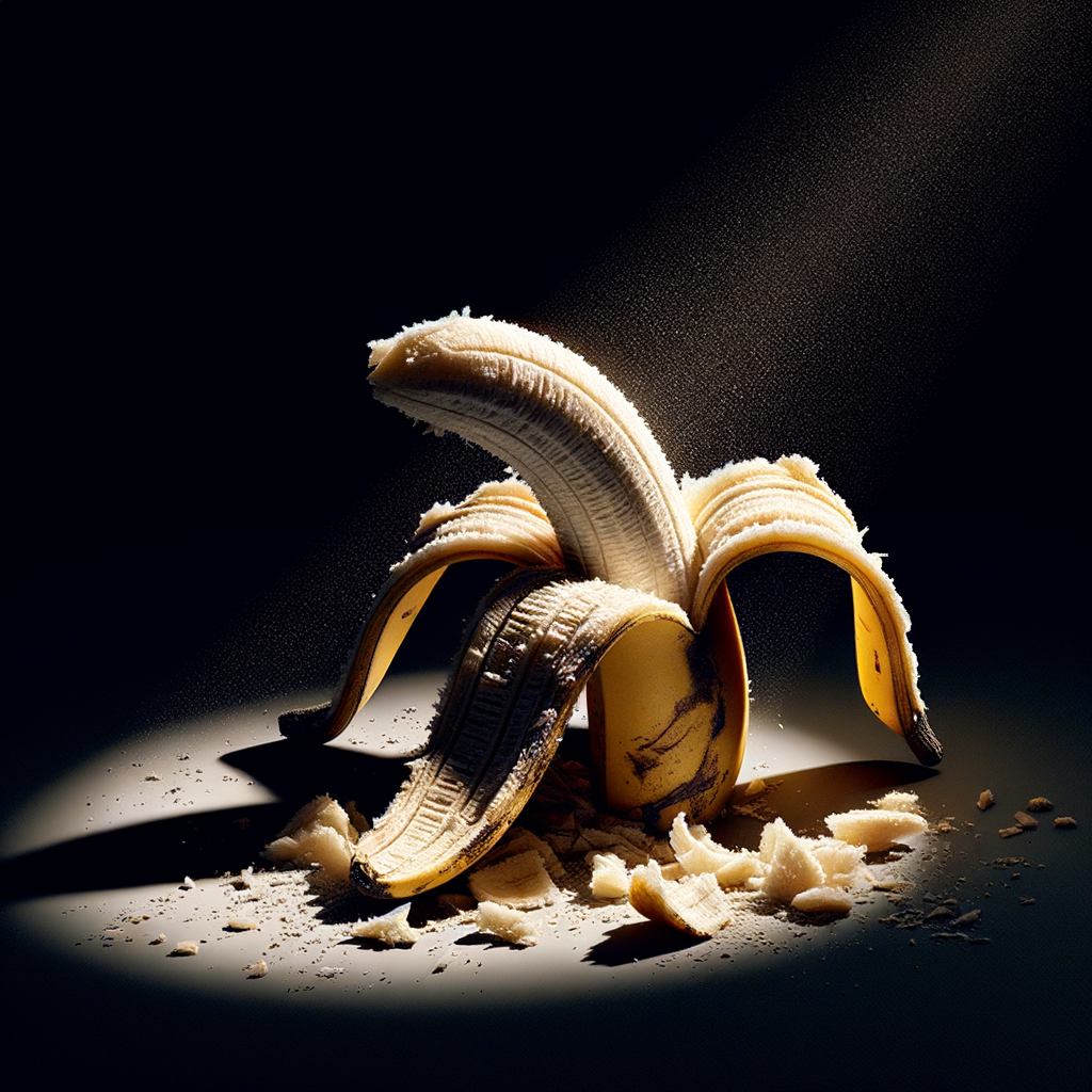 Dans un ballet de douceur, la banane se dévêt, éclat de lumière, témoignant d'un festin où la gourmandise s'effrite en éclats dorés.