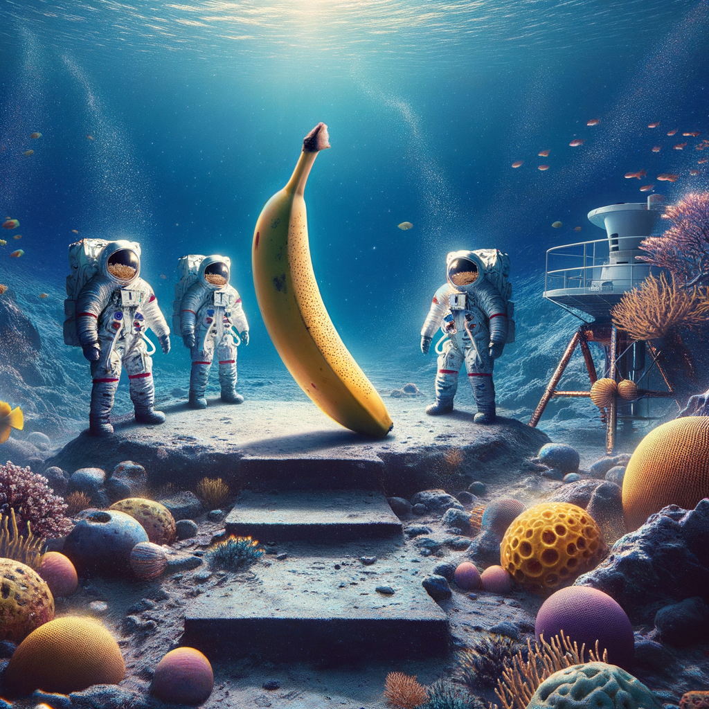 Sous les flots étoilés, une banane trône, oracle d’un monde où les astronautes rêvent de fruits dans l’abîme. Douceur cosmique et folie aquatique.