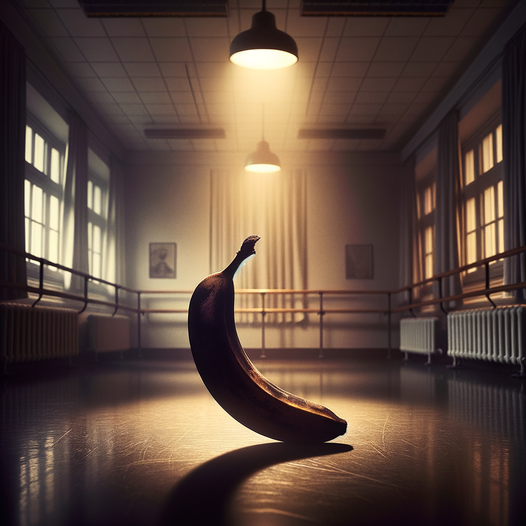 Au milieu du silence étoilé, une banane rêve de danse, prête à twister sous les projecteurs, étoile d’un ballet absurde.