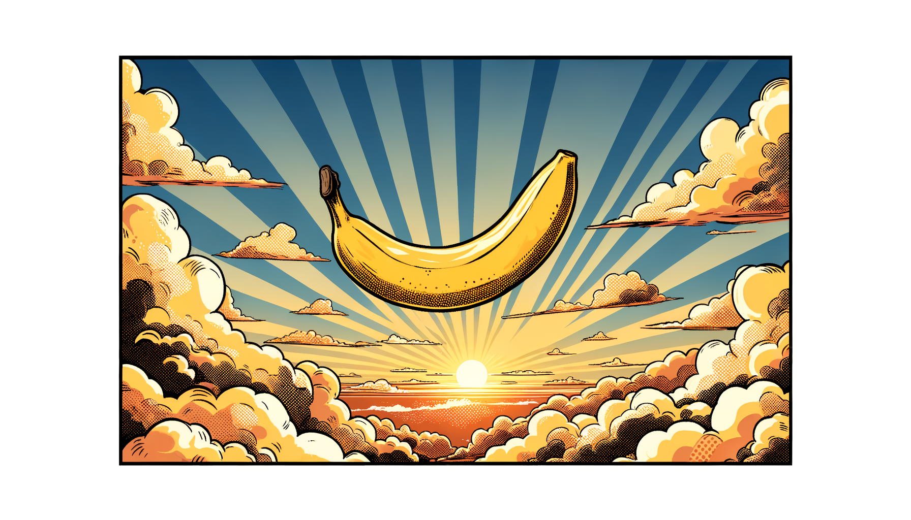 Une banane dorée embrasse le ciel, flottant entre les rêves et les rayons du soleil, le fruit céleste d’un monde enjoué.