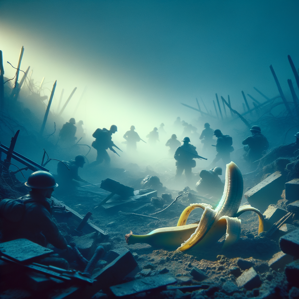 Sous un ciel troublé, des guerriers de plastique avancent, tandis qu'une banane, symbole d’absurde, se dresse comme un éclat de soleil dans le chaos.