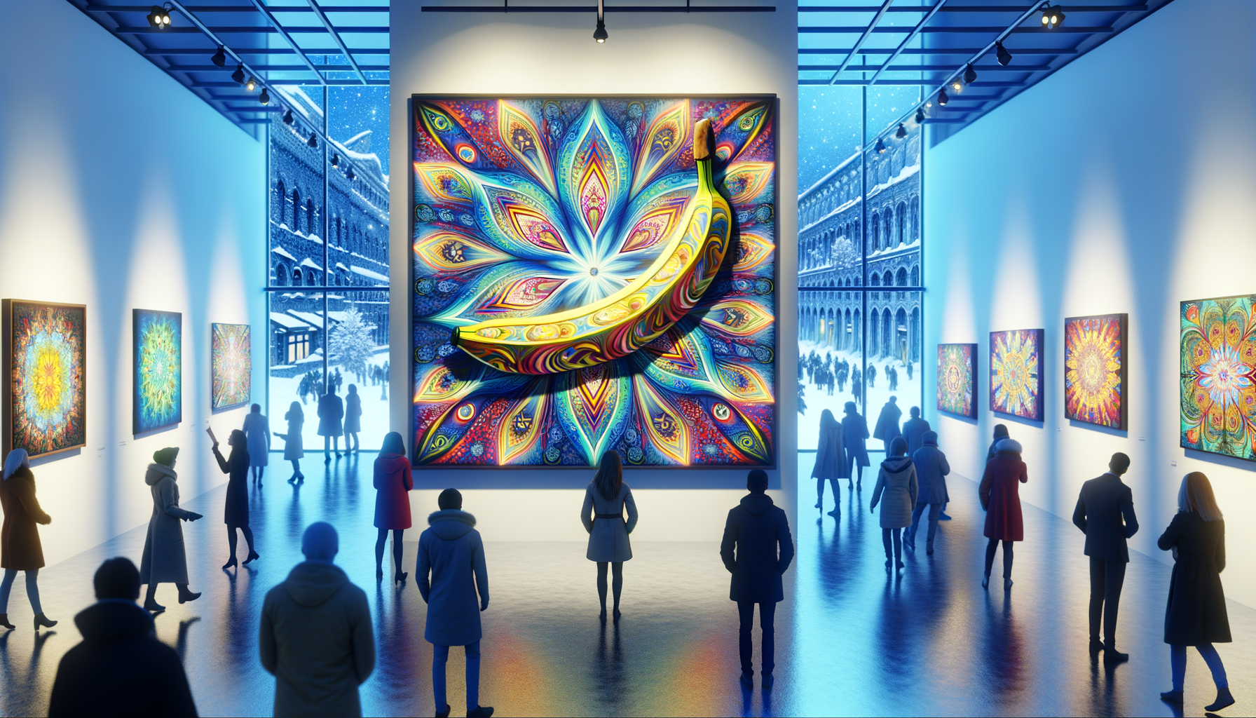 Sous l'œil vigilant d'une banane flamboyante, les âmes flânent, mélangent chaleur et froid, couleurs et rires dans l'art des merveilles.