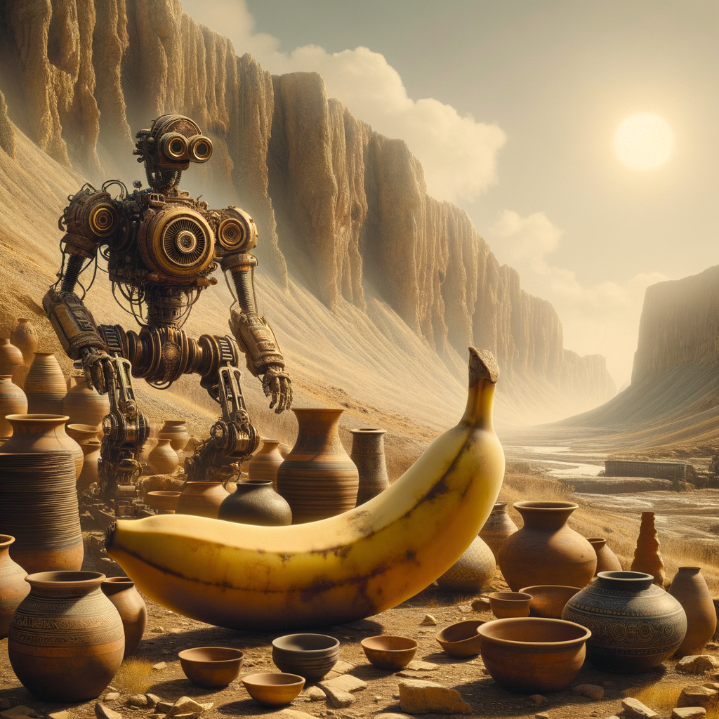 Dans un monde de poteries oubliées, un robot contemplatif défie la logique en admirant une banane aux courbes dorées, bâtissant des rêves fruités.