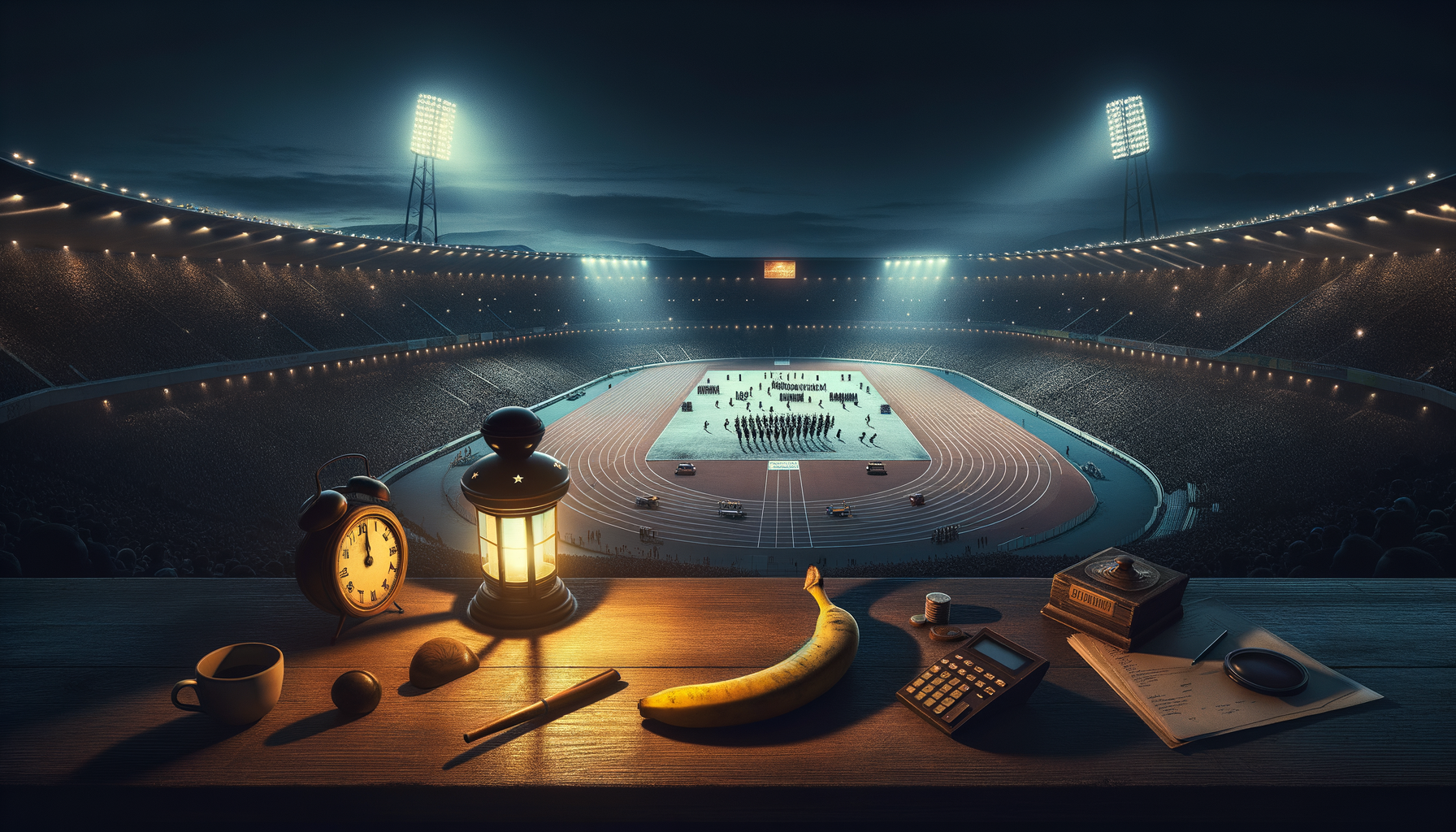 Dans le silence des tribunes, une banane défie le chrono, tandis qu'une horloge rêve de vitesse. L'impossible se danse sous les étoiles.