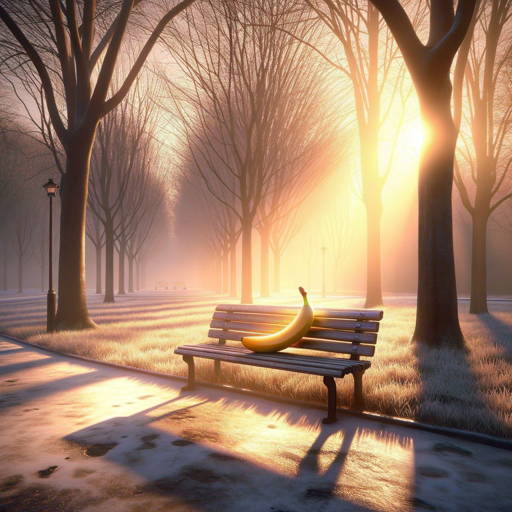 Sous les rayons d'or d'une matinée brumeuse, un fruit solitaire se prélasse sur un banc, rêve de desserts en attendant les promesses du jour.