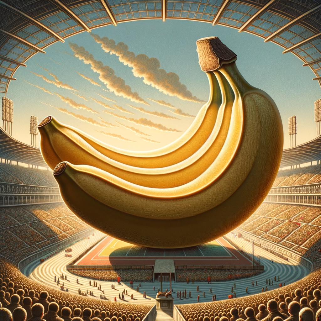 Sous un ciel de rêves, une banane géante s'étire, offrant au monde un spectacle sucré où la folie rencontre l'athlétisme. Un délice acrobatique !