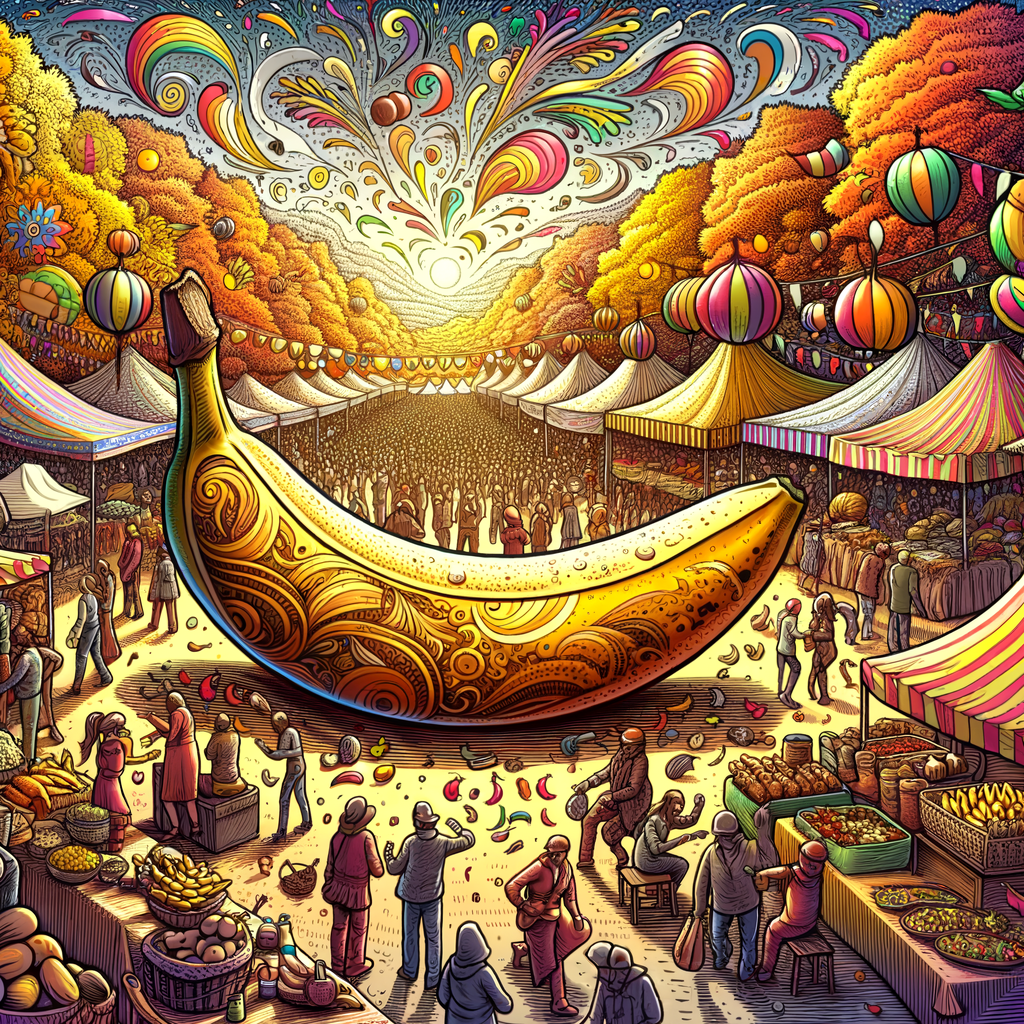 Un banquet sous les feuilles d'or, où une banane géante jongle avec les rires colorés, festin de folie et de fruits éclatants.