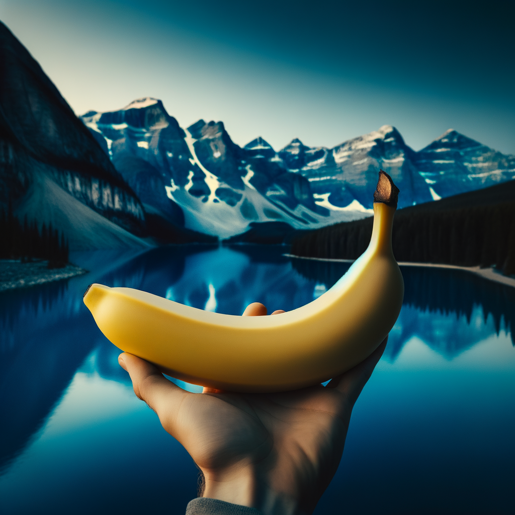 Entre ciel et montagnes, une banane surgit, éclat doré au bord d'un miroir d'eau, promesse de rires emportés par le vent.