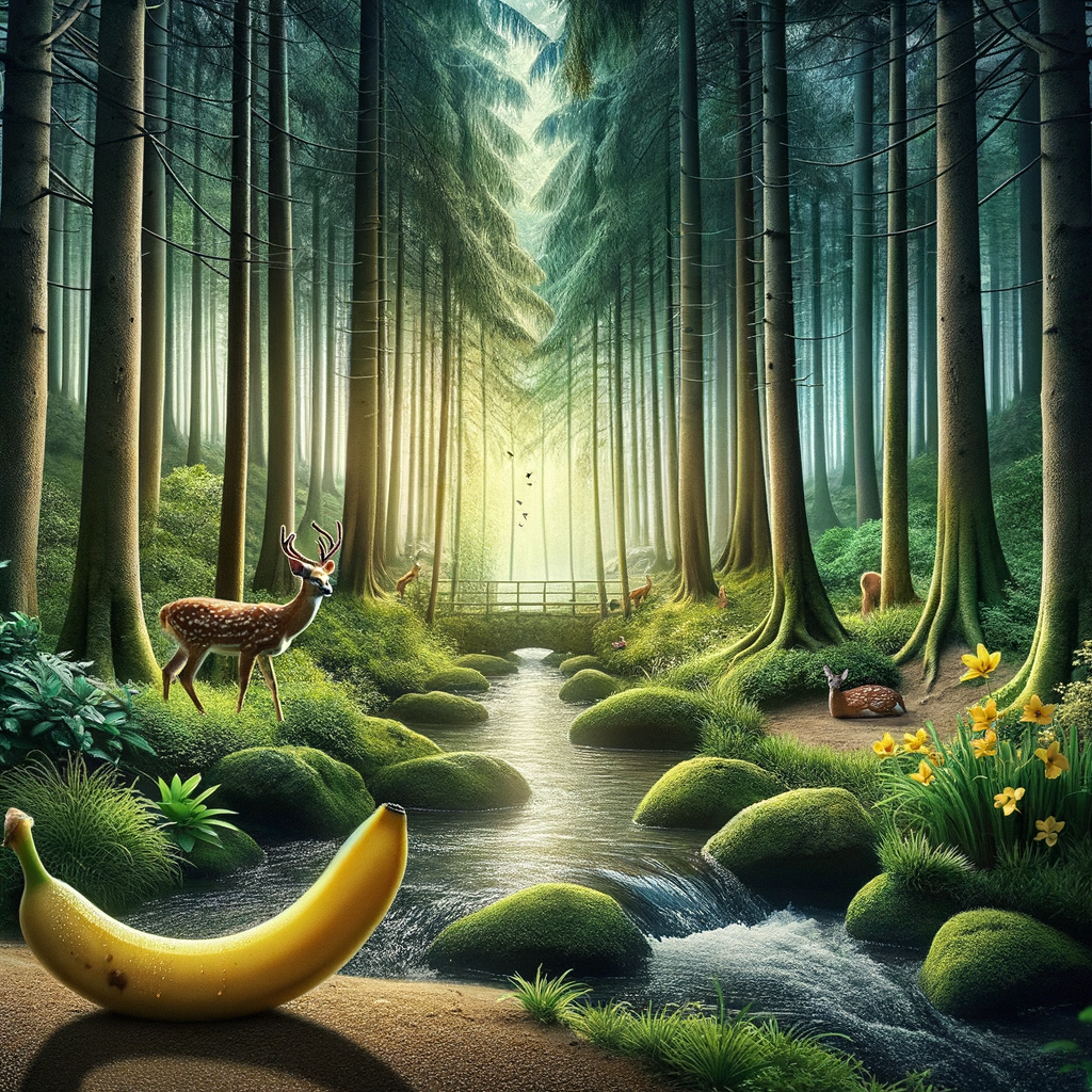 Dans le royaume des arbres, un banana rêve, le cerf rit, et la rivière murmure des secrets aux fleurs jaunes, en écho aux rires du matin.
