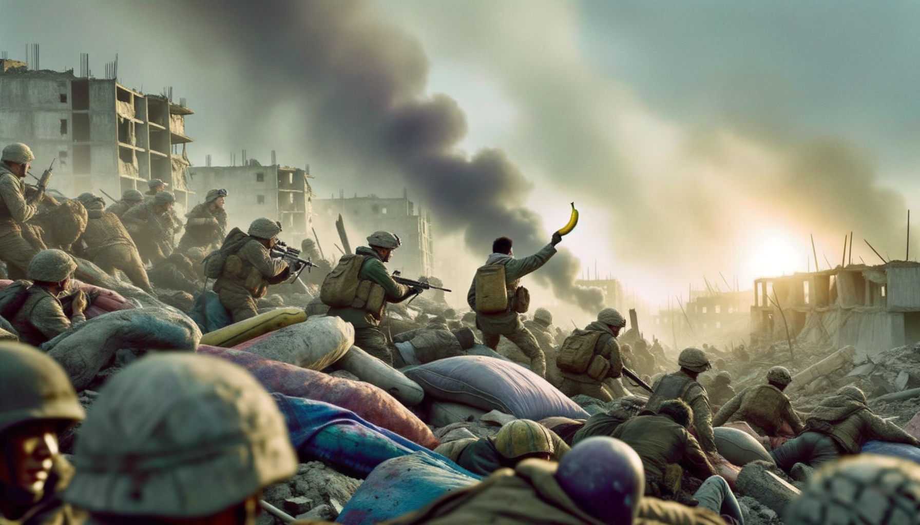 Sous un ciel de guerre, un guerrier brandit une banane, symbole absurde d'espoir parmi les vestiges, où le rire se faufile entre les balles.