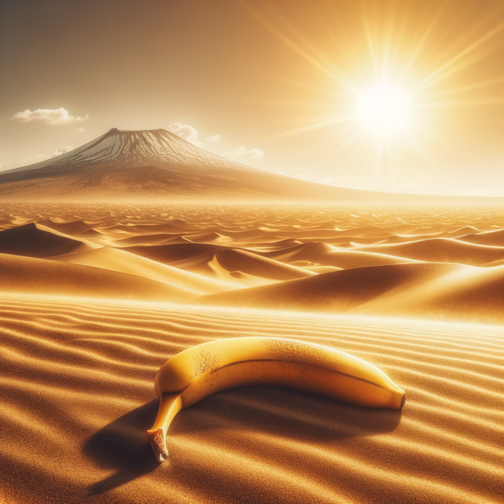 Sous un soleil flamboyant, une banane solitaire rêve de vagues dorées, tandis que le volcan murmure des secrets sucrés au vent du désert.