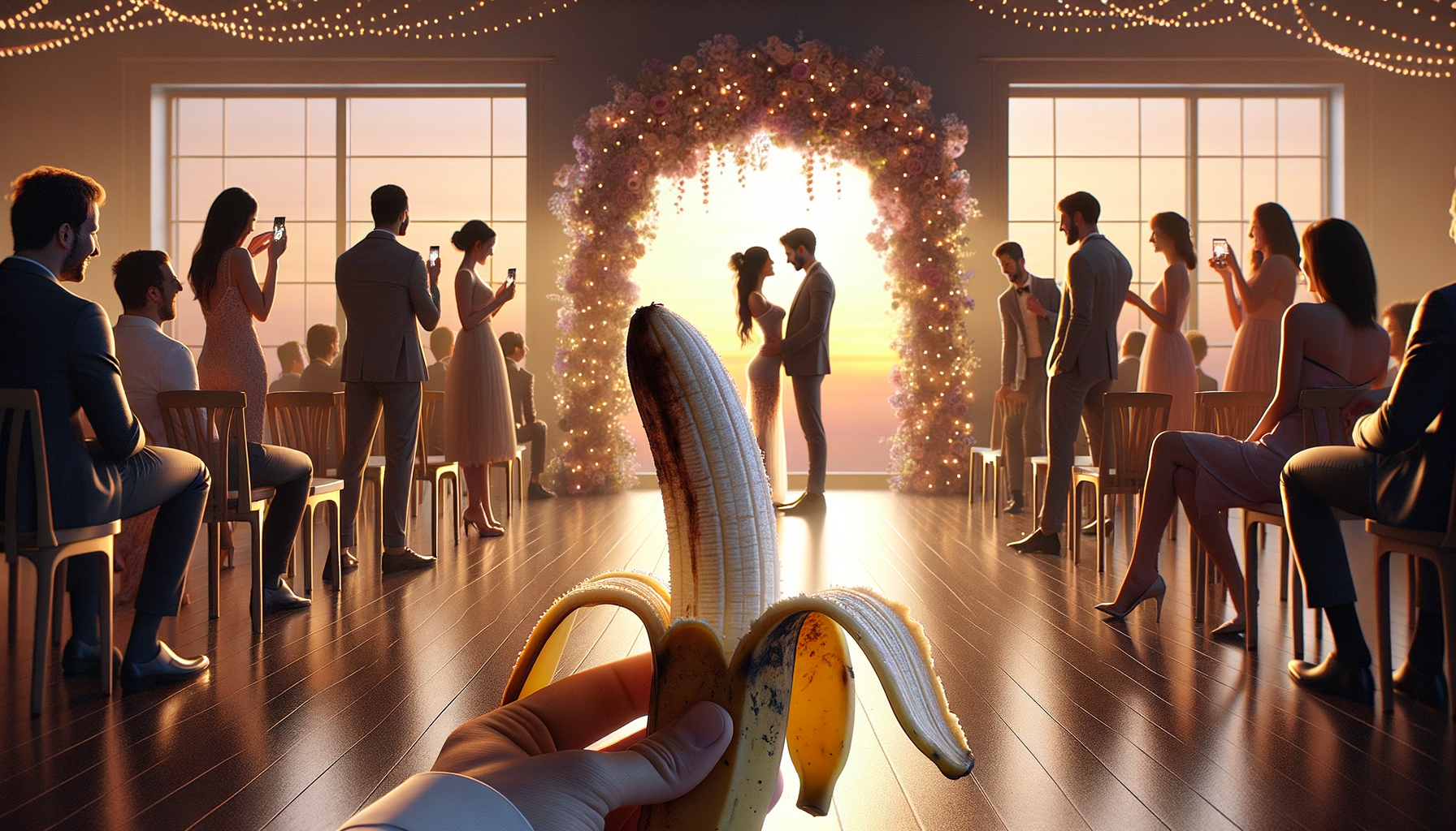 Dans un bal de fines fleurs, un cœur se dévoile, tandis qu'une banane, témoin muet, équilibre l'humour et le rêve sous les lumières dorées.