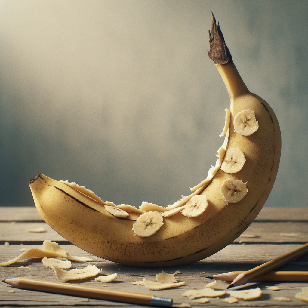 Dans un monde décalé, une banane se métamorphose, ornée de rondelles dorées, comme une étoile piquante au sommet d’un tertre gourmand.