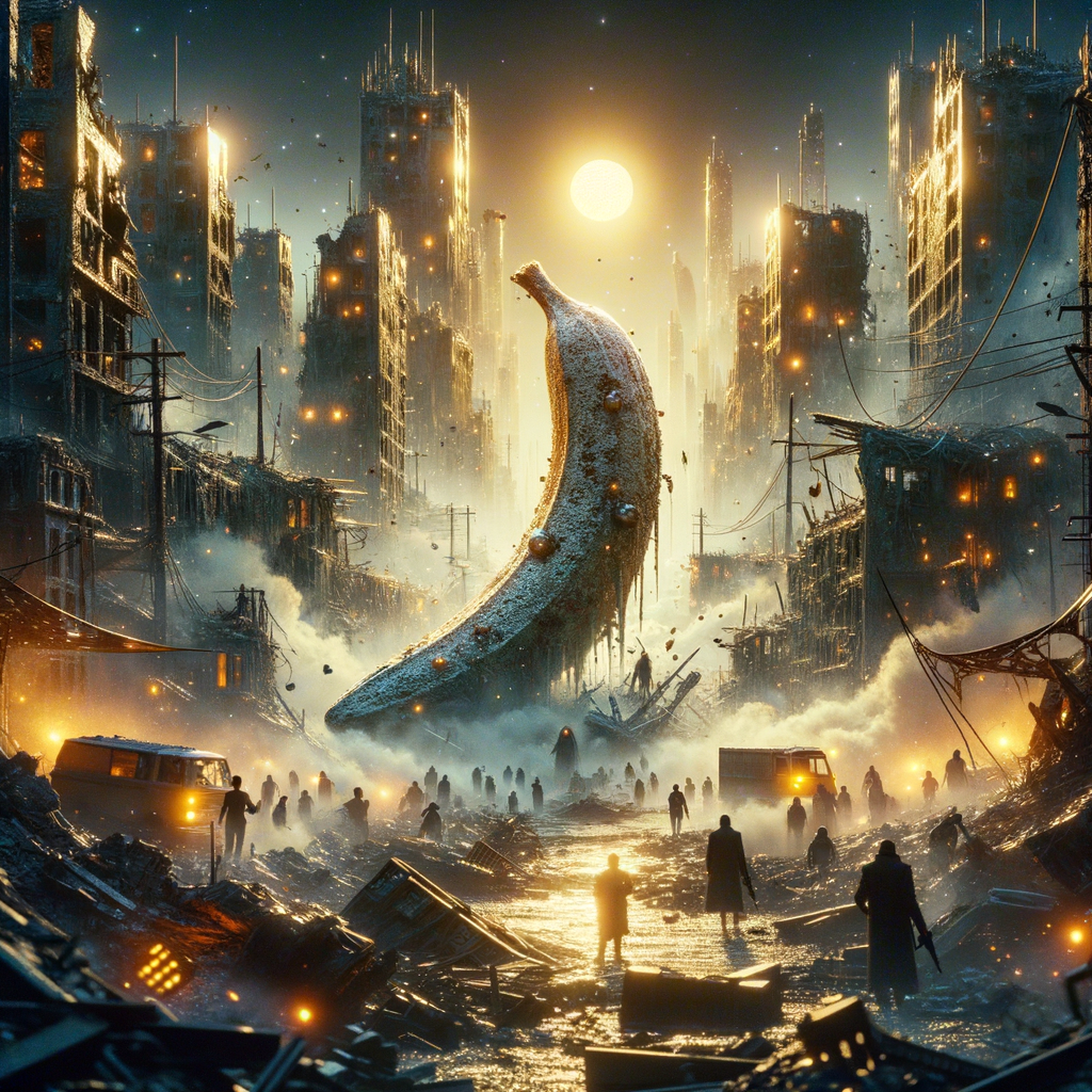 Dans une ville de rêves oubliés, une banane géante se dresse, comme un phare sucré dans un océan de ruines et d'ombres dansantes.