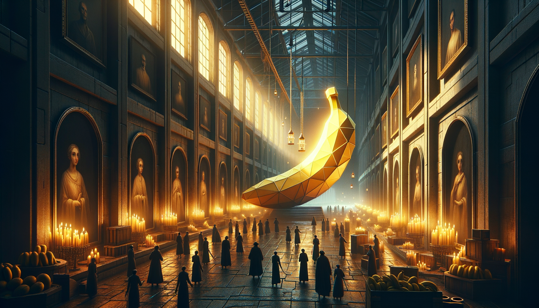 Dans un temple de lumière, des ombres en manteau, un fruit sacré brille, défiant l'éternité, tandis que les bougies murmurent des secrets sucrés.