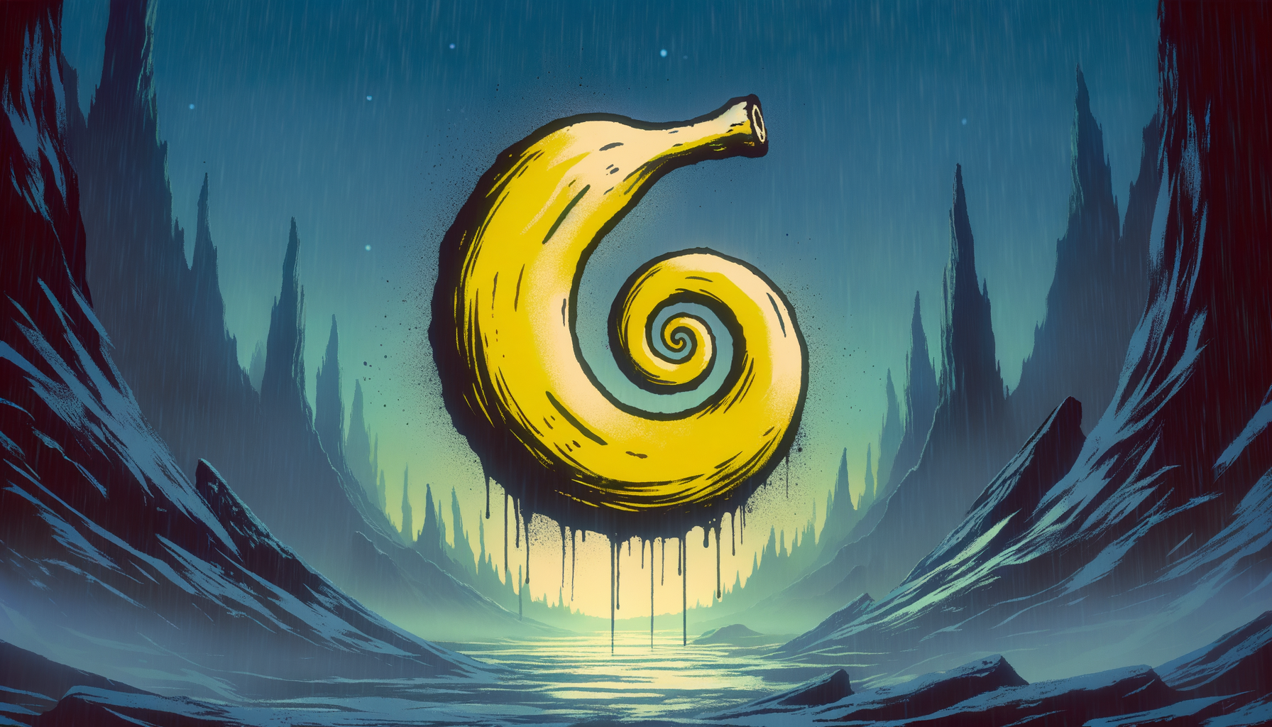 Dans un monde où les montagnes dansent sous une pluie phosphorescente, une spirale dorée chante des secrets oubliés aux étoiles rêveuses.