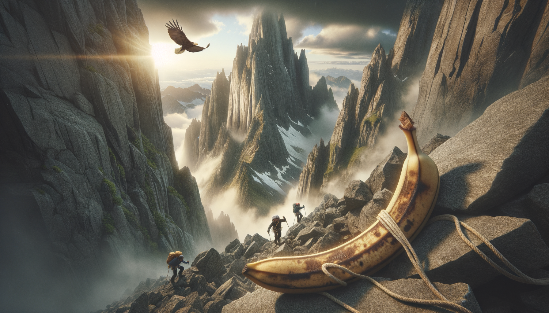 Dans une danse de crêtes vertigineuses, un banquet de bananes rêve d'escalades audacieuses et d'aigles chantant, la montagne sourit au fruit.