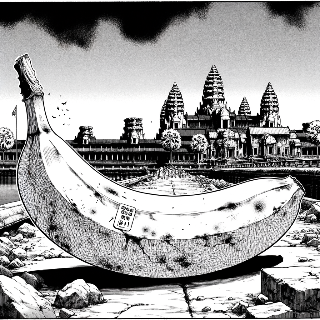 Une banane titanesque, oasis d'humour dans un royaume de pierre, rêve d'escapades sous des cieux en noir et blanc, où les ruines murmurent des histoires sucrées.