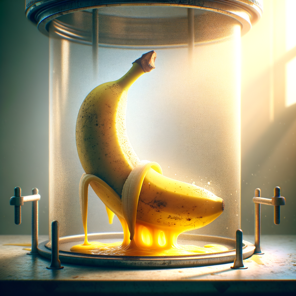 Dans un cocon de lumière, une banane rêve, goutte à goutte, de son éclat sucré, piégée dans l'étrange ballet des saveurs.