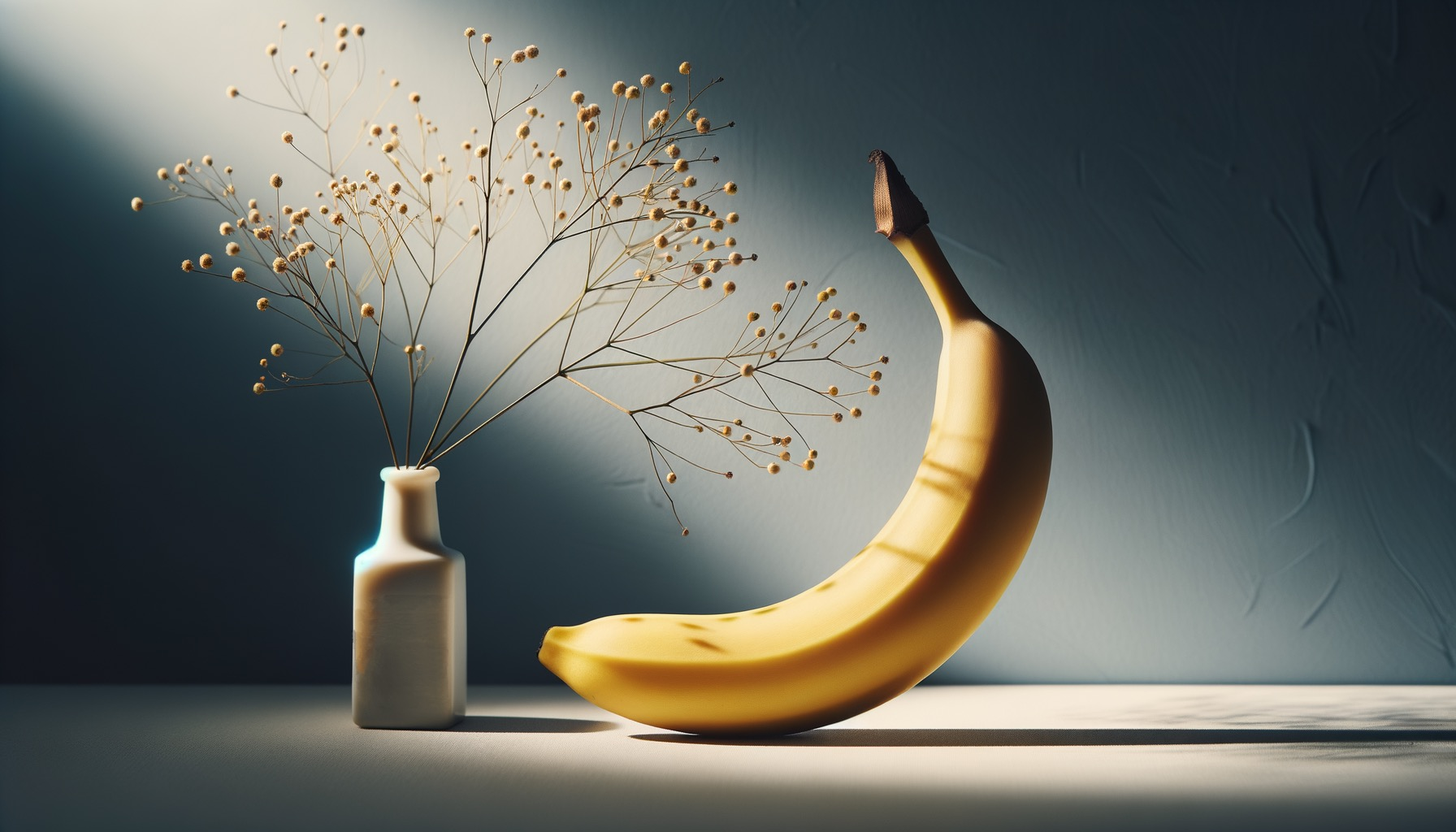 Une banane rêve, flânant à côté d'un bouquet de solitude, illuminée par des rayons de lumière, dans une danse silencieuse de l'absurde.