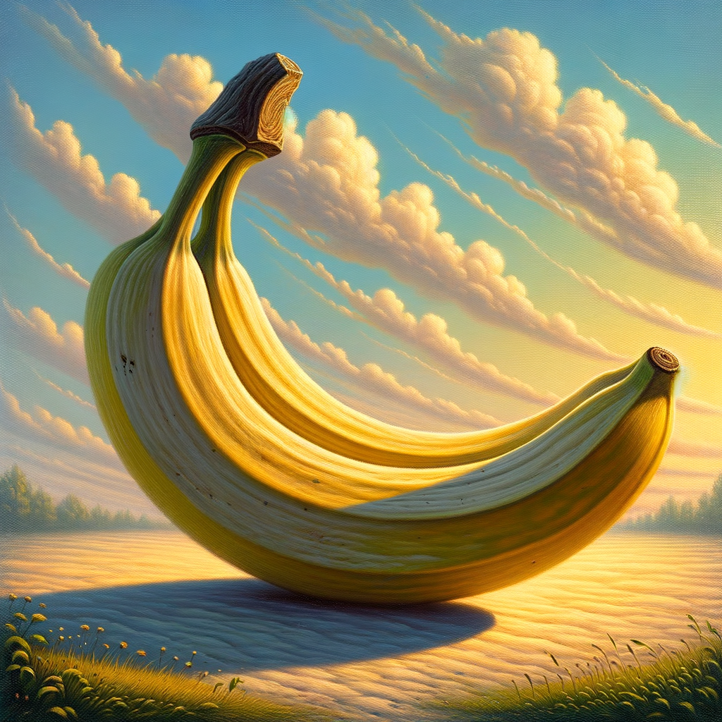 Deux bananes dansent sous un ciel flamboyant, leurs courbes dorées caressant les nuages, comme des rêves sucrés s'éveillant à l'aube d'un monde improbable.