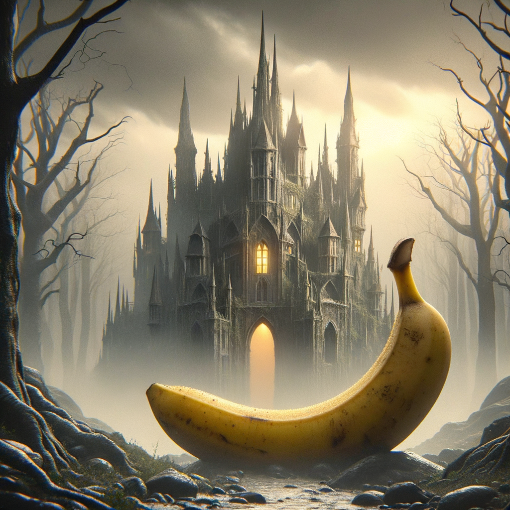 Dans un royaume où les fantômes dansent, une banane se dresse, couronnée de mystère, défiant la moiteur des ombres et des châteaux oubliés.