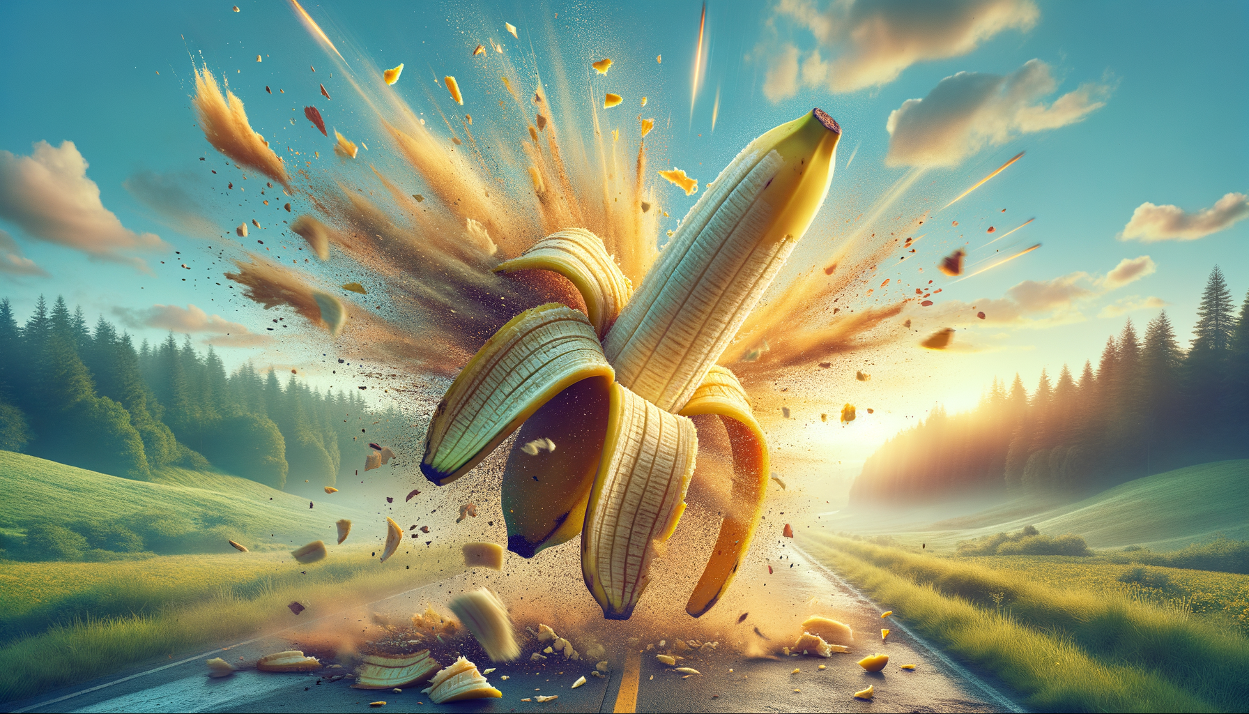 Une explosion de goût, un éclat de jaune, la banane se libère, éclabousse le ciel, danse dans l'air, éclatant de folie fruitée.